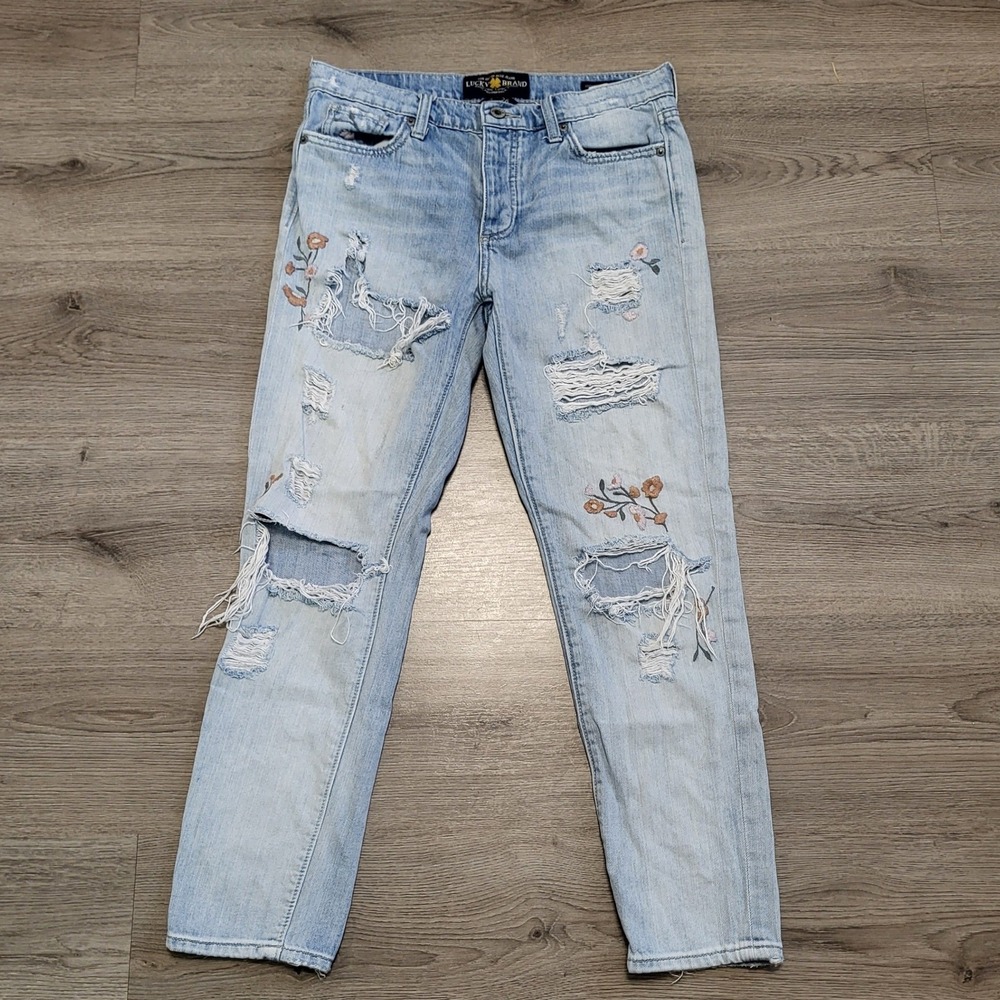 Lucky Brand Sienna Slim Boyfriend Jeans Light Wash Embroidered Floral 2 26